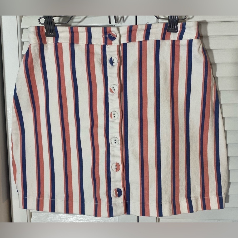 Forever 21 Striped Stretch Button Front Mini Skirt, Sz M, Beige w/Blue & Coral
